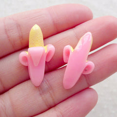 Kawaii Fruit Cabochon / Mini Banana Cabochons (2pcs / 15mm x 25mm / Pastel Pink / 3D) Miniature Food Decoden Craft Novelty Jewelry FCAB479