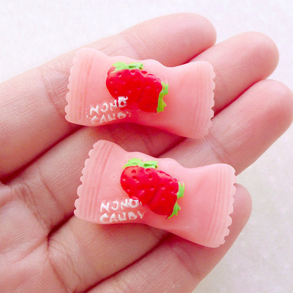Fake Candy Cabochons / Kawaii Strawberry Hard Candy (2pcs / 31mm x 17mm / Pink / Flat Back) Sweets Deco Decoden Supplies FCAB474