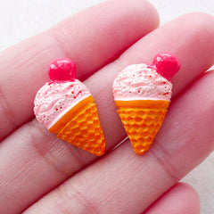 Kawaii Sweets Deco / Strawberry Ice Cream Cabochons (2pcs / 13mm x 20mm / Pink) Hair Bow Centers Mini Food Jewelry Decoden Craft FCAB477