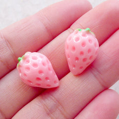 Pastel Pink Strawberry Cabochons / Kawaii Food Cabochon (2pcs / 12mm x 17mm / 3D) Fake Fruit Jewellery Fairy Kei Decoden Phone Case FCAB482