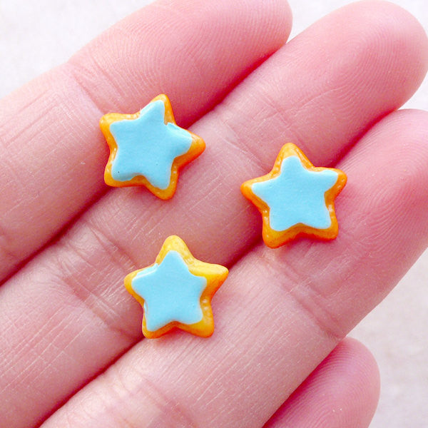 Doll Food Cabochon / Star Sugar Cookie Cabochon (3pcs / 10mm / Blue) Miniature Sweets Dollhouse Biscuit Fake Toppings Stud Earrings FCAB485