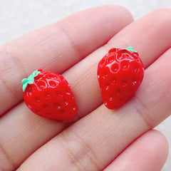 Mini Strawberry Cabochons / Kawaii Fruit Cabochon (2pcs / 12mm x 17mm / Red / 3D) Fake Food Jewelry Decoden Pieces Cute Sweets Deco FCAB481
