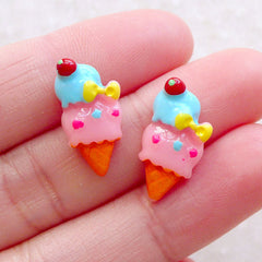 Cute Cabochons / Tiny Ice Cream Cabochon (2pcs / 9mm x 18mm / Flatback) Fairy Kei Jewelry Kawaii Decoden Pieces Stud Earrings Making FCAB484