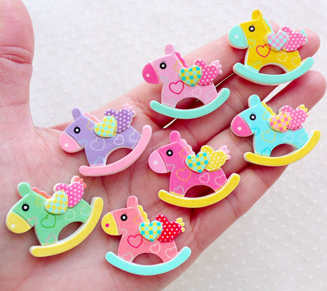 Kawaii Cabochons / Rocking Horse Cabochon Mix (7pcs / 32mm x 28mm) Decora Kei Hair Pin Decoden Pieces Baby Shower Decor Table Scatter CAB596