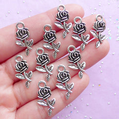 CLEARANCE Flower Rose Charms w/ Leaf (10pcs) (20mm x 10mm / Tibetan Silver) Floral Findings Pendant Bracelet Earrings Zipper Pulls Keychain CHM278