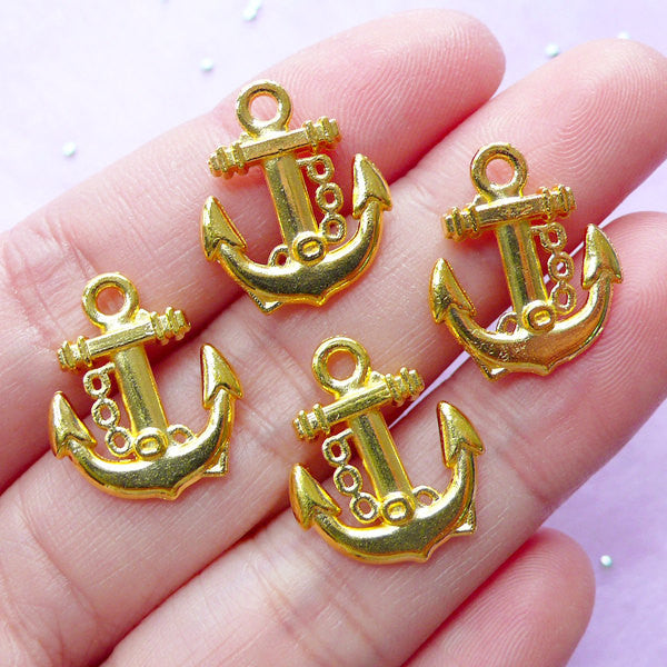CLEARANCE Anchor Charms (4pcs / 15mm x 18mm / Gold / 2 Sided) Nautical Earring Bracelet Cruising Sailing Boat Jewelry Cute Zipper Pull Bookmark CHM856